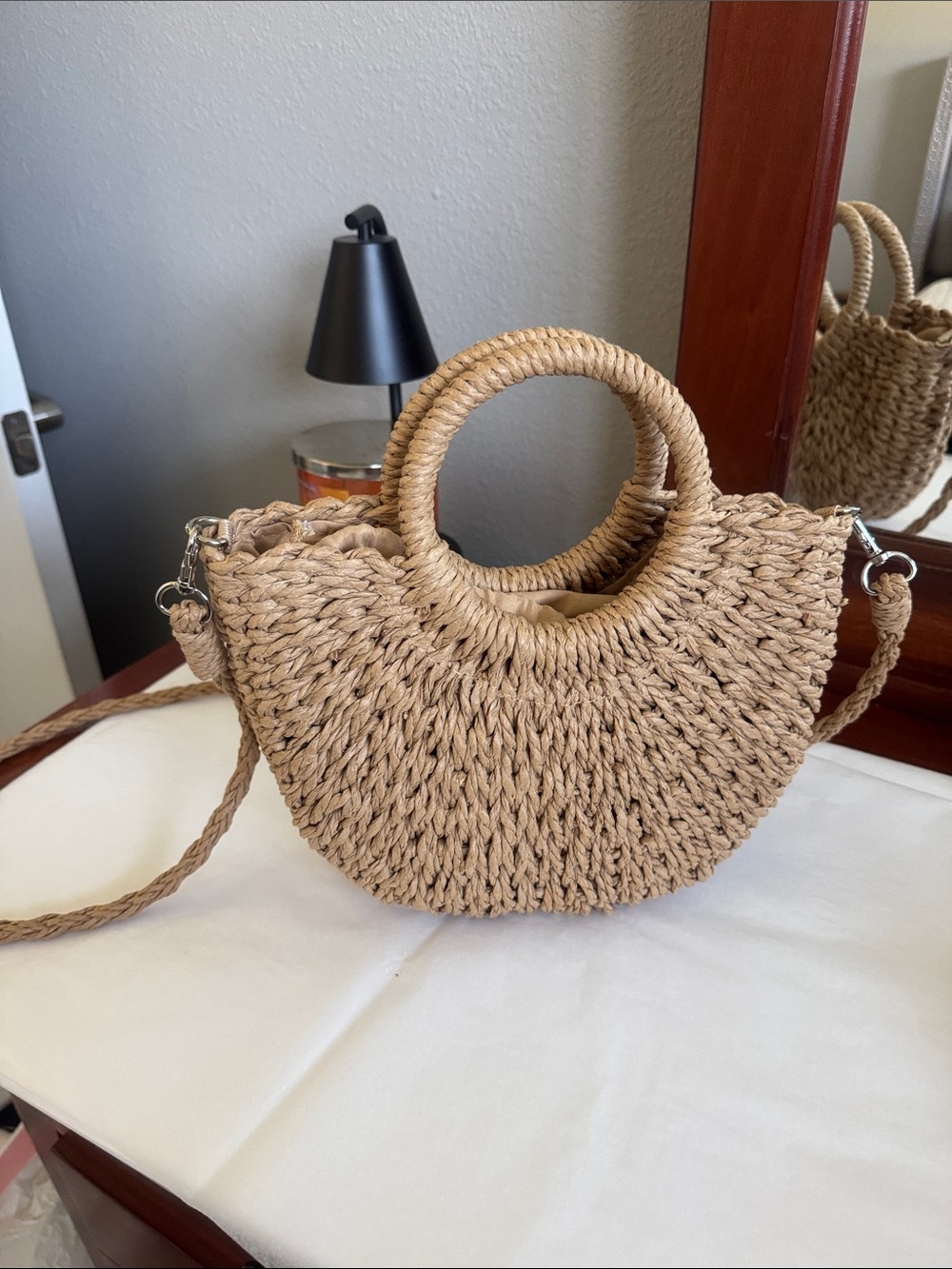 Natural Woven Round-Handle Crossbody Bag - Straw